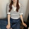 Tejido de punto con cuello polo a rayas Otoño Tejido de punto fino 2025 Nuevo diseño Nicho Chic Top Corto para Mujer