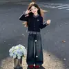 Elegante Moderno Individualista Cuadros Patchwork Manga Larga Cárdigan Niñas Primavera/Otoño Dibujos Animados Lindo Conejo Pantalones de Mezclilla Conjunto de Dos Piezas
