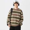 Suéter de Invierno Cálido Jacquard Rayado para Hombre Cuello Redondo Holgado Talla Grande Juvenil Combinable Casual Moderno