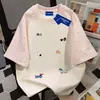 Camiseta de Algodão 100% Puro Estilo Coreano Nicho Desenho Animado Verão Solta Modeladora Casal Estrela Manga Curta Patchwork Top