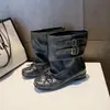 Botas Personalizadas Plissadas Empilhadas para Mulheres, Novo Estilo Outono 2026, Salto Grosso, Preto, Adequadas para Combinar com Saias, Botas de Moda Biker
