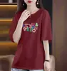Comércio Exterior Transfronteiriço Camiseta Manga Curta de Comércio Exterior Feminina Roupa de Mãe Verão Estampada Solta Tamanho Grande Casual Elegante Top para Meia-idade