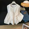 Blusa redonda con ribete de encaje de estilo delicado para mujer, nueva colección 2026, con corbata de lazo, mangas abullonadas y un corte holgado tipo muñeca
