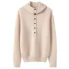 Suéter de cachemira con capucha, nuevo estilo otoño e invierno para mujer, camisa base de color liso con media botonadura, estilo dulce, suéter pullover holgado y favorecedor