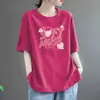 Camiseta rosa de manga corta para mujer, corte holgado, imitación algodón, nuevo estilo verano 2024, talla grande, longitud media, estilo coreano, top casual de cuello redondo