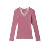 Heyhenry 2025 Otoño e Invierno Camisa de Encaje con Empalme para Capas Interiores Top Femenino Ajustado de Manga Larga con Cuello en V