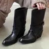 Versión de Cuero Suave 2026 Hebilla de Cinturón Moda Estilo Coreano Nuevo Botas de Motocicleta Zapatos de Mujer Botas de Media Caña Puntiagudas Negras Botas Cómodas para Mujer