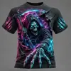 Camiseta de manga corta moderna estilo americano, camiseta de verano casual de alta gama con estampado de calaveras, cuello redondo, para hombre