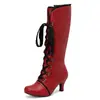 Novas botas de cano alto com amarração frontal para outono e inverno, de comércio exterior do fabricante, estilo europeu e americano feminino, salto grosso, bico redondo, tira cruzada, cano alto, tamanho grande, botas de montaria