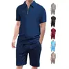 Conjunto de Duas Peças Europeu e Americano Transfronteiriço Amazon Verão Gola Lapela Manga Curta Shorts Terno Esportivo Casual Jacquard de Toalha para Homens