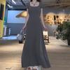 Vestido de Manga Corta Gris de Estilo Suave y Alta Calidad para Mujer Verano Elegante Cintura Ajustada Falda de Cadera Corte Slim Adelgazante Falda Larga