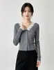 Suéter de tricô Andi com renda de veludo, gola V, manga longa, para mulheres, outono e inverno, slim fit, camisa básica elegante