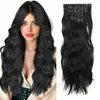 Pelucas Transfronterizas Europeas y Americanas para Mujer, Mechas Negras Naturales, Cabello Largo Rizado, Juego de Seis Piezas, Extensiones de Cabello con Clip, Rizos Grandes Ondulados, Extensiones de Cabello Sintético