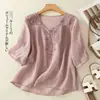 Exportação Algodão Linho Retrô 2026 Camisa Bordado Verão Novo Solta Artística Camisa Blusa Top Roxo