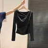 Camiseta azul claro estilo coreano de manga larga con hombros descubiertos para mujer 2026, colección de otoño, con escote holgado, mezcla de cachemir, adecuada como capa base o prenda exterior