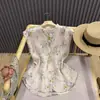 Top de Algodón y Lino sin Mangas Estampado Estilo Chino Vintage para Mujer, Cuello de Volantes Francés, Camisa Artística Versátil con Temperamento Elegante, En Stock
