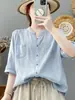 Camisa listrada de algodão puro com decote V para mulheres, manga média, corte solto, versátil, branca, top leve, camisa de malha torcida, modeladora e moderna