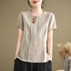 Foto Real de Camiseta Feminina Retrô Estilo Chinês, Novo Top Solto de Algodão e Linho de Verão, Blusa de Manga Curta