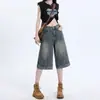 Shorts Vaqueros de Pierna Ancha Invertidos Estilo Retro Americano para Mujer, Verano 2026 Nuevos Shorts de Cintura Alta Adelgazantes Sueltos de Pierna Recta a la Rodilla