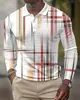 Camisa polo casual y elegante de manga larga con bloques de color, botones únicos, estampado de rombos y estampado digital para ir al trabajo