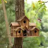 Nido de Pájaro de Madera Maciza Diseñado de 3 Habitaciones Alimentador Colgante para Árboles de Exterior Casa de Madera para Cría de Mascotas Colgante Decorativo de Madera