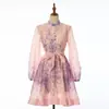 Exclusivo para ventas transfronterizas: Vestido de mujer de cuello alto, estampado de rombos, corto, con dobladillo ancho, cinturón de corbata marca Z, efecto adelgazante y diseño estampado