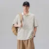 Camisa Polo de Algodón Puro a Rayas Estilo Americano de Manga Corta para Hombre, Top Casual Versátil de Verano de Moda Holgado de Media Manga