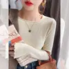Camiseta básica de punto de color liso para mujer, corte ajustado, nuevo estilo primavera y otoño 2025, suéter elegante de cuello redondo, top de manga larga para usar en capas o como prenda exterior