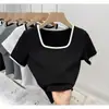 Transfronterizo una generación de verano con cuello de algodón color liso ajustado Joker camiseta de manga corta pequeña top para mujer