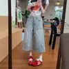 Jeans Cropped Wide Leg de Cintura Alta com Efeito Desgastado Retrô Feminino Verão Petite Formato Pera Modelador Emagrecedor Versátil Calça Casual