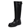 Botas de Cavaleiro com Fivela Retrô para Mulheres 2026 Outono/Inverno Novas Botas de Couro Genuíno com Bico Redondo de Comprimento Médio Botas Versáteis Modeladoras da Moda