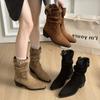 Nuevas Botines Retro de Gamuza para Mujer 2025 Botas Vaqueras Western con Tacón Medio Grueso Botas de Pelo Alto para Otoño e Invierno en Marrón