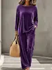 2026 Otoño e Invierno transfronterizo europeo y americano nuevo conjunto casual para mujer con cuello redondo, manga larga, pantalones de longitud extendida, traje de terciopelo para mujer