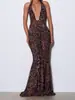 Outono Novo Sexy Decote em V Profundo Cobertura do Quadril Decoração de Fita Estampa de Leopardo Halter Elegante Moda Macacão Saia Longa Roupas Y2K