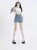 Shorts de Mezclilla Azules de Tiro Alto con Forma de Pera para Mujer Verano talla extra chica con sobrepeso Pierna Ancha Elástica Pantalones Cortos