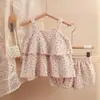 Conjunto de Falda con Tirantes Florales para Bebé Niña Primavera y Verano Algodón Doble Capa Gasa Transpirable Lindo Niña Hogar Conjunto de Dos Piezas