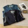 Chaleco de Mezclilla Azul Oscuro con Capas Wan Americano Retro de Nicho para Mujer con Cuello Redondo sin Mangas Chaqueta Cardigan Top