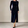 Vestido de otoño/invierno para mujer, de terciopelo, de manga larga, con cinturón de corbata, abertura y corte ajustado, longitud midi, de importación europea y americana