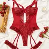 Comércio Exterior Transfronteiriço Lingerie Estilo Europeu e Americano para Mulheres, Body Sexy de Renda e Tela com Argolas para Pernas, Design Sexy Vazado