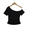 6070-25 Primavera Novo Americano Spice Girls Ombro Inclinado Ombro Aberto Enrugado Ajuste Slim Emagrecimento Jaqueta Base Camiseta Manga Curta