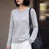 Suéter de tricô novo estilo outono feminino em Tencel linho com renda de lantejoulas, gola redonda, mangas compridas, top rosa estiloso
