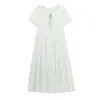 Vestido de Algodão Pesado Bordado de Ombro Reto Cintura Alta para Verão, Vestido Emagrecedor Soltinho Plus Size Feminino 66211