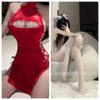 Lencería sexy Cheongsam de pura lujuria, cuello halter, tentación, pasión, corte, espalda con fugas, tiras, abertura alta, sin necesidad de quitárselo, uniforme.