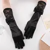 Luvas de Renda Preta Transfronteiriças Celebridade Casamento Noiva Protetor Solar Finas Cantora de Palco Etiqueta Luvas Longas com Laço