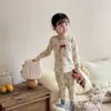 Conjunto de Pijama de Algodão com Lycra para Meninos e Meninas, Estilo Coreano Estampado Sem Costura Roupas e Calças de Outono, Camada Base Antibacteriana para Crianças