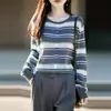Cardigan de Punto Fino con Cuello Redondo de Manga Larga para Mujer, Calado, Bloque de Color, Rayas, Holgado, Nuevo Otoño/Invierno 2026