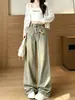 Pantalones Vaqueros Jacquard Cruzados Retro Americanos Desgastados para Mujer Otoño Nuevos Tallas Grandes Cintura Alta Sueltos Adelgazantes Pierna Ancha