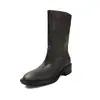 Botas de mujer de caña media en color desgastado, nuevo estilo otoño e invierno, piel de vaca de capa superior, punta redonda, tacón medio grueso, slip-on, botas de motociclista para mujer