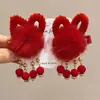 Horquilla Roja de Año Nuevo para Niñas con Lazo, Accesorio para el Cabello, Tocado Tradicional Chino de Año Nuevo, Pinza para el Cabello con Peluca de Estilo Chino para Niñas Hanfu