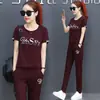 Camiseta de Manga Corta Estampada Pantalones de Pierna Ancha Moda Casual Traje Deportivo de Moda Holgado Talla Grande Adelgazante Traje de Dos Piezas para Mujer